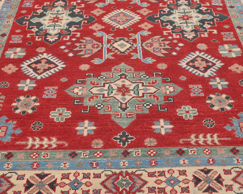 5x7 Red Kuba Afghan Hand Knotted Wool Area Rug